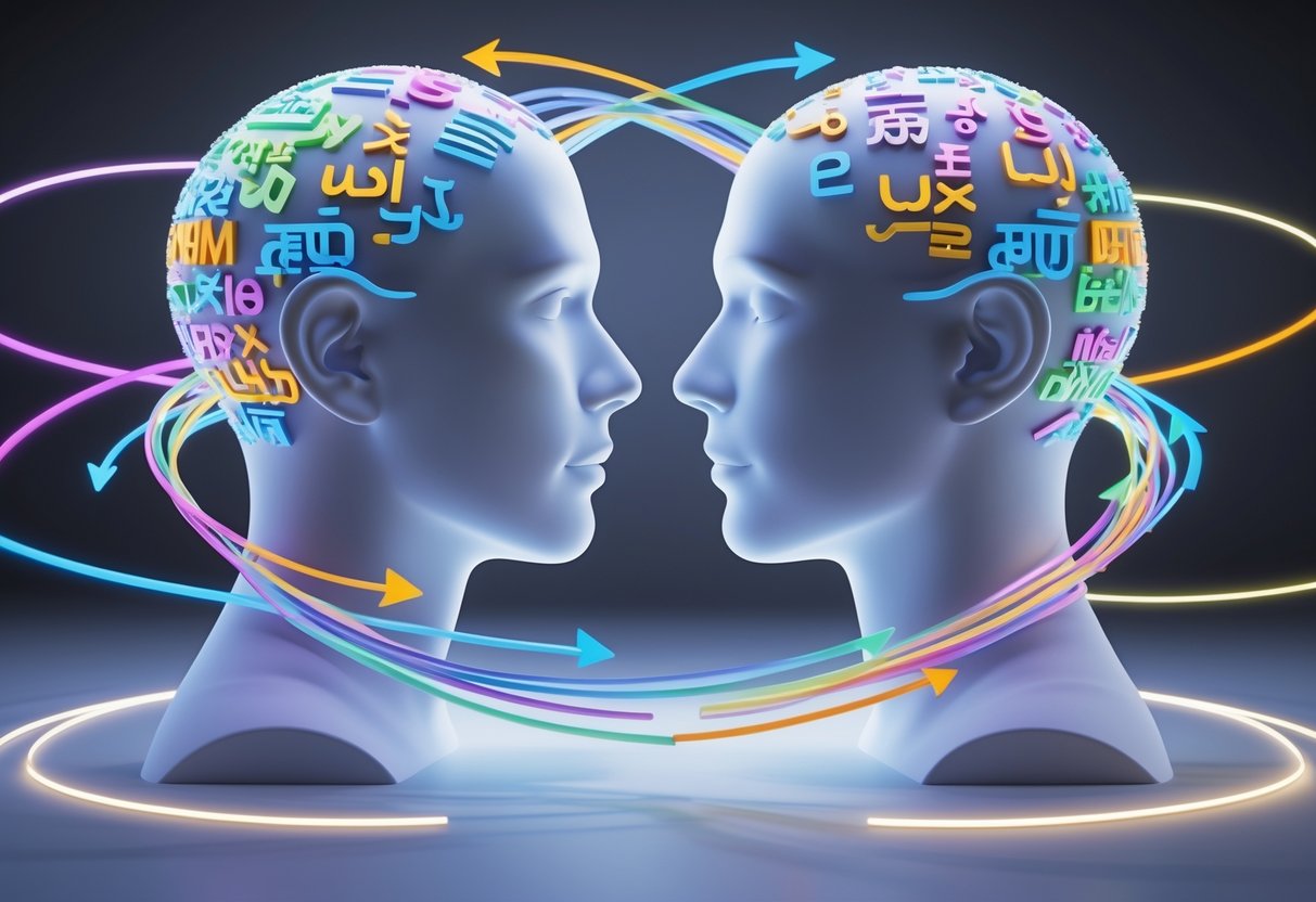 Two translucent human heads facing each other connected by a flowing ribbon of colourful language symbols twisting in multiple directions, with glowing arrows around them indicating different directions.
