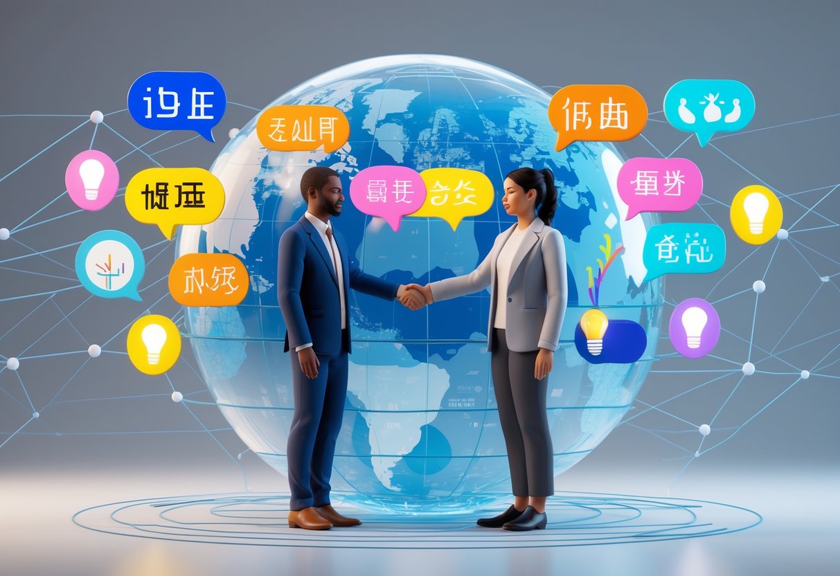 Two people standing on opposite sides of a globe with colourful speech bubbles turning into universal symbols, representing overcoming language barriers and understanding.