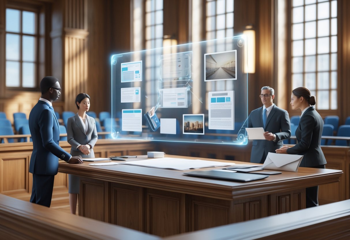 A courtroom scene with legal professionals examining various types of evidence displayed on a holographic table.