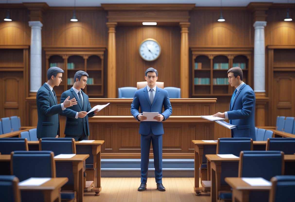 A courtroom scene showing a witness testifying while two lawyers question them and a judge watches from behind a bench.