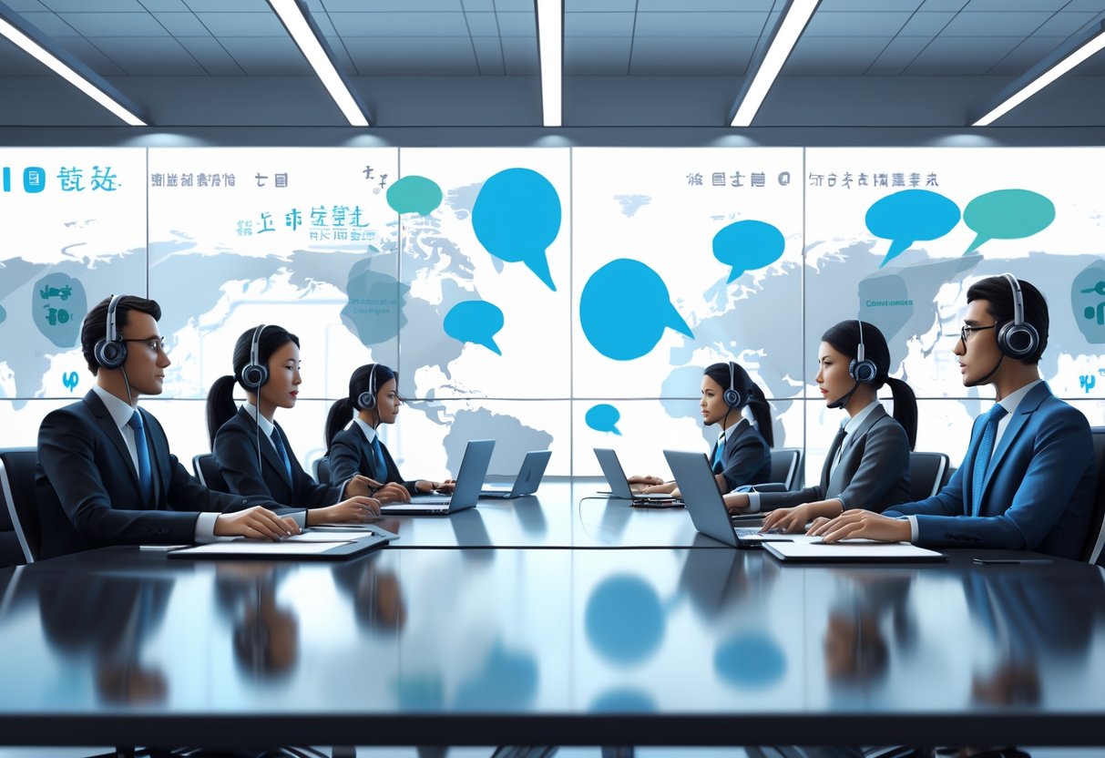 A professional office scene showing two groups of people working on interpretation and translation around a conference table, with speech bubbles and language symbols floating above them.