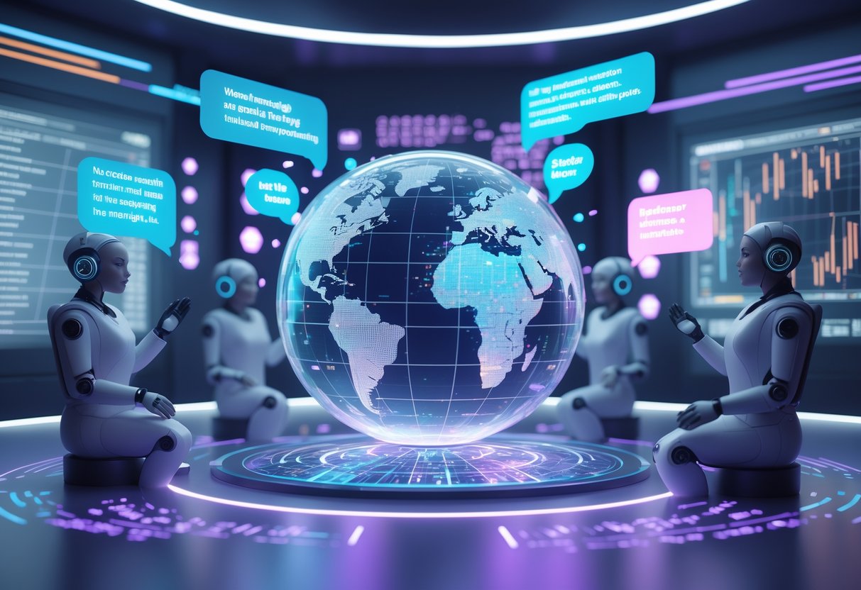 A futuristic scene showing humans and robots working together around a glowing digital globe with floating language symbols, representing interpretation and translation differences.