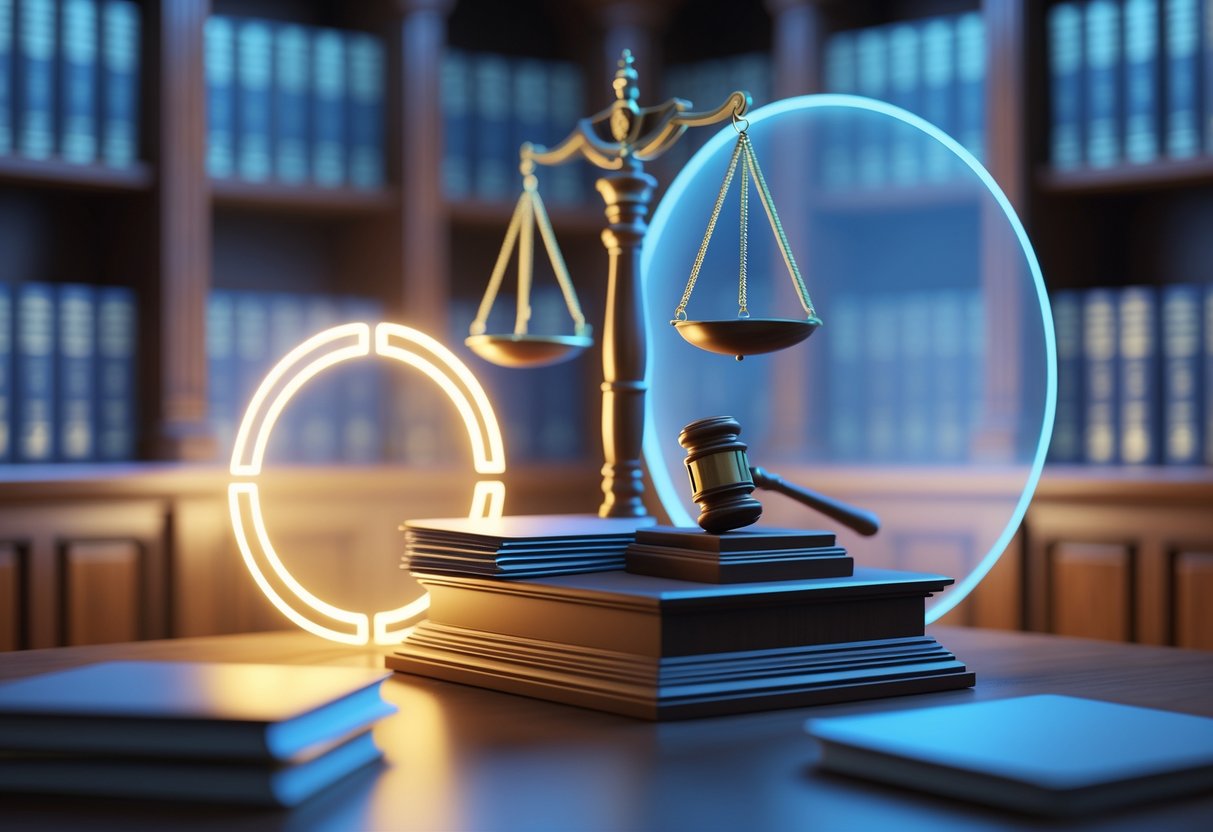 A courtroom scene showing a judge's bench with scales of justice, a shield protecting documents on one side, and a barrier blocking some papers on the other side.