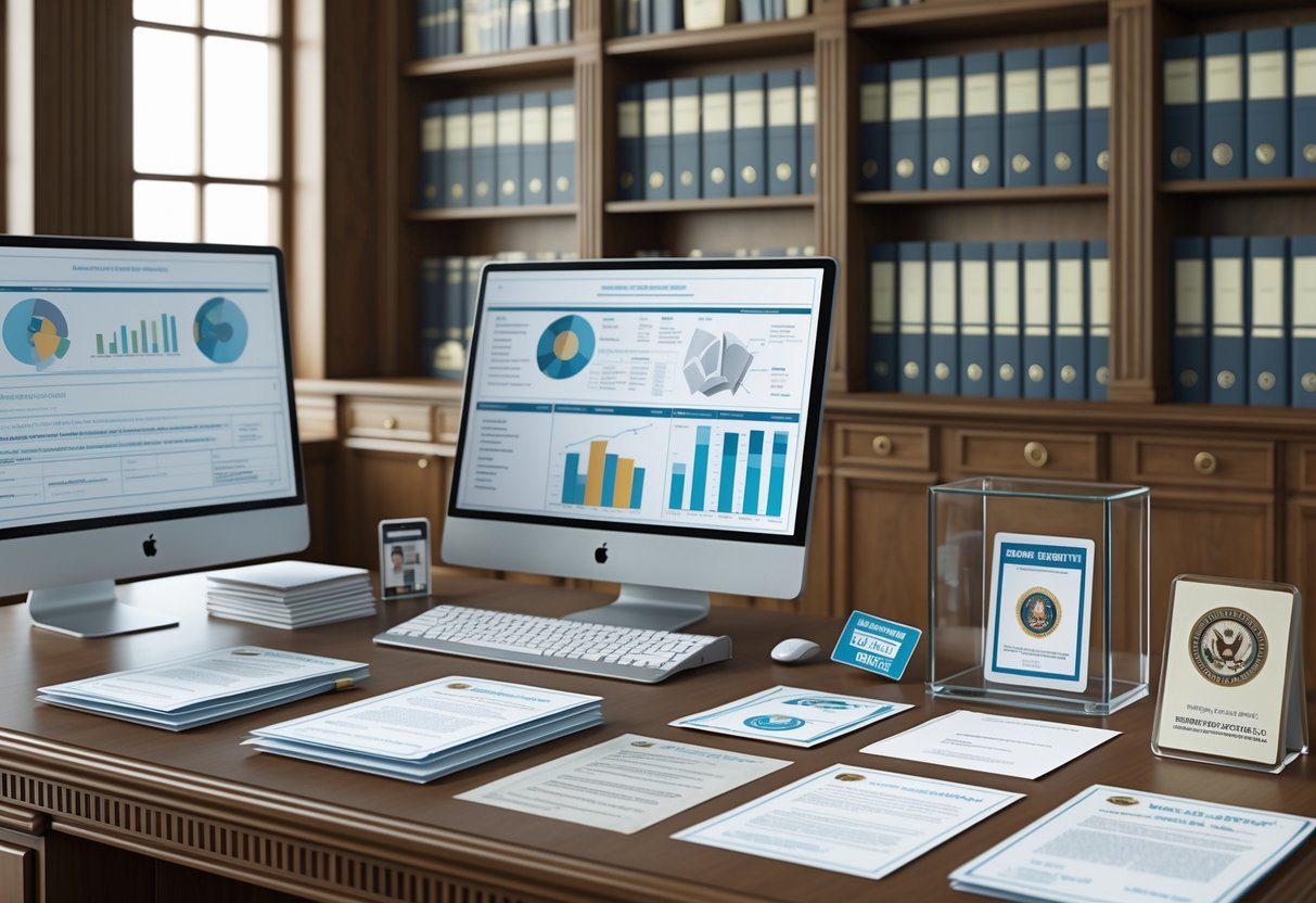 A government office desk with official documents, evidence files, a computer screen showing data, and shelves of law books in the background.