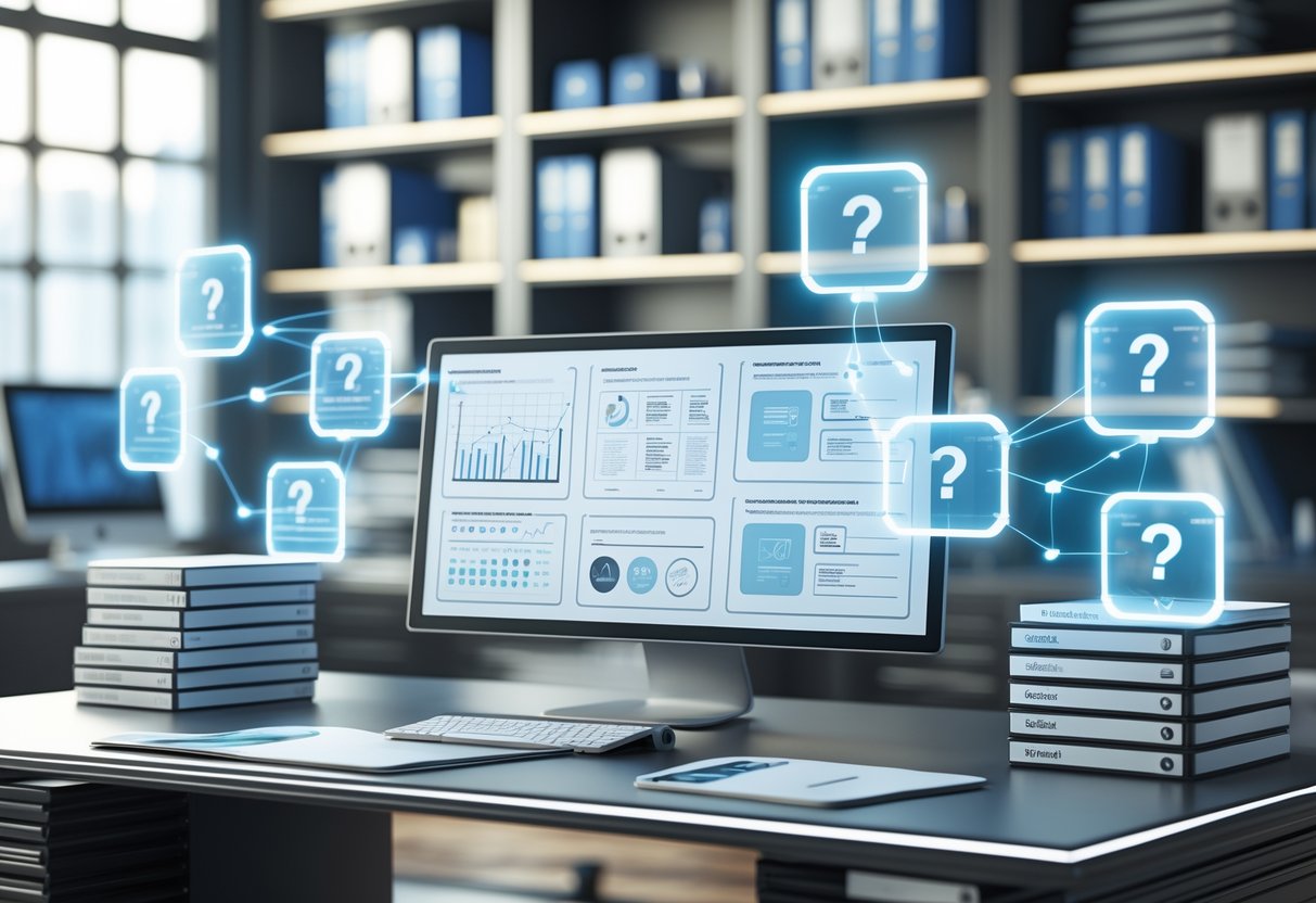 A 3D rendered office workspace with digital screens, holographic panels, and organised folders representing frequently asked questions and evidence requirements.