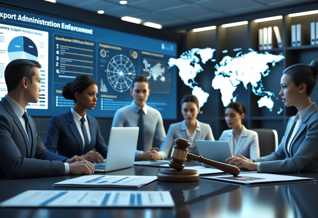 A group of professionals discussing export enforcement regulations around a table with a gavel and documents in a modern office setting.