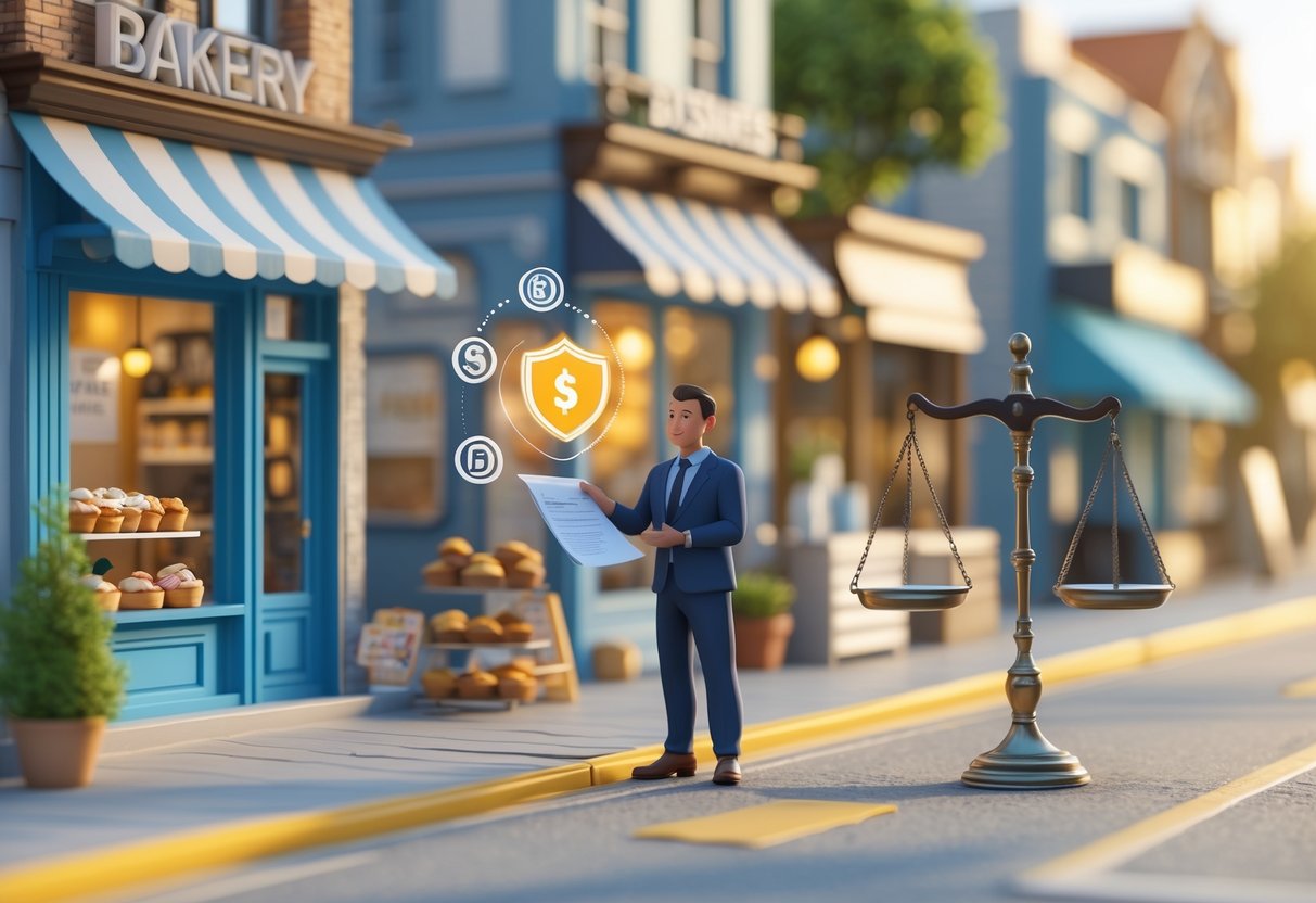 A small business owner receiving support from a professional outside a row of small shops on a sunny street.