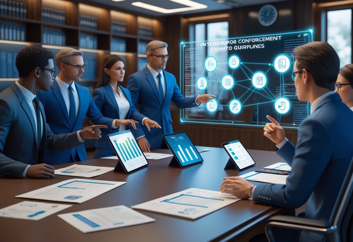 A group of professionals in a formal office discussing enforcement and disciplinary procedures around a conference table with digital displays and documents.