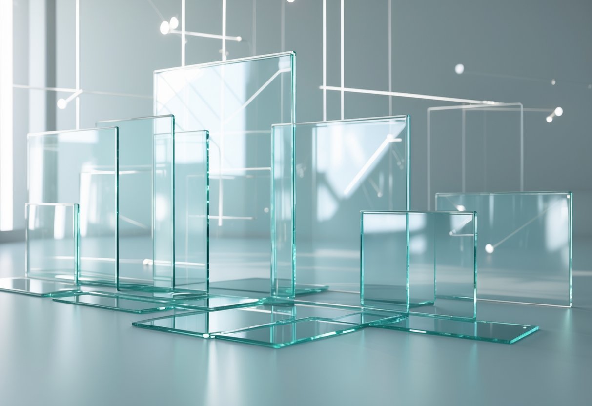 A 3D scene showing several overlapping translucent glass panels with light passing through them, set against a simple background with faint interconnected lines behind.