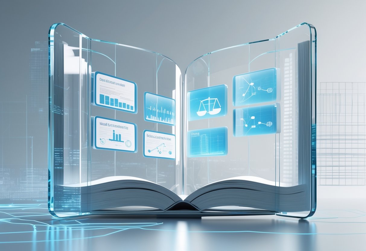 A transparent glass building shaped like an open book with floating holographic panels showing charts and scales, surrounded by digital data streams.