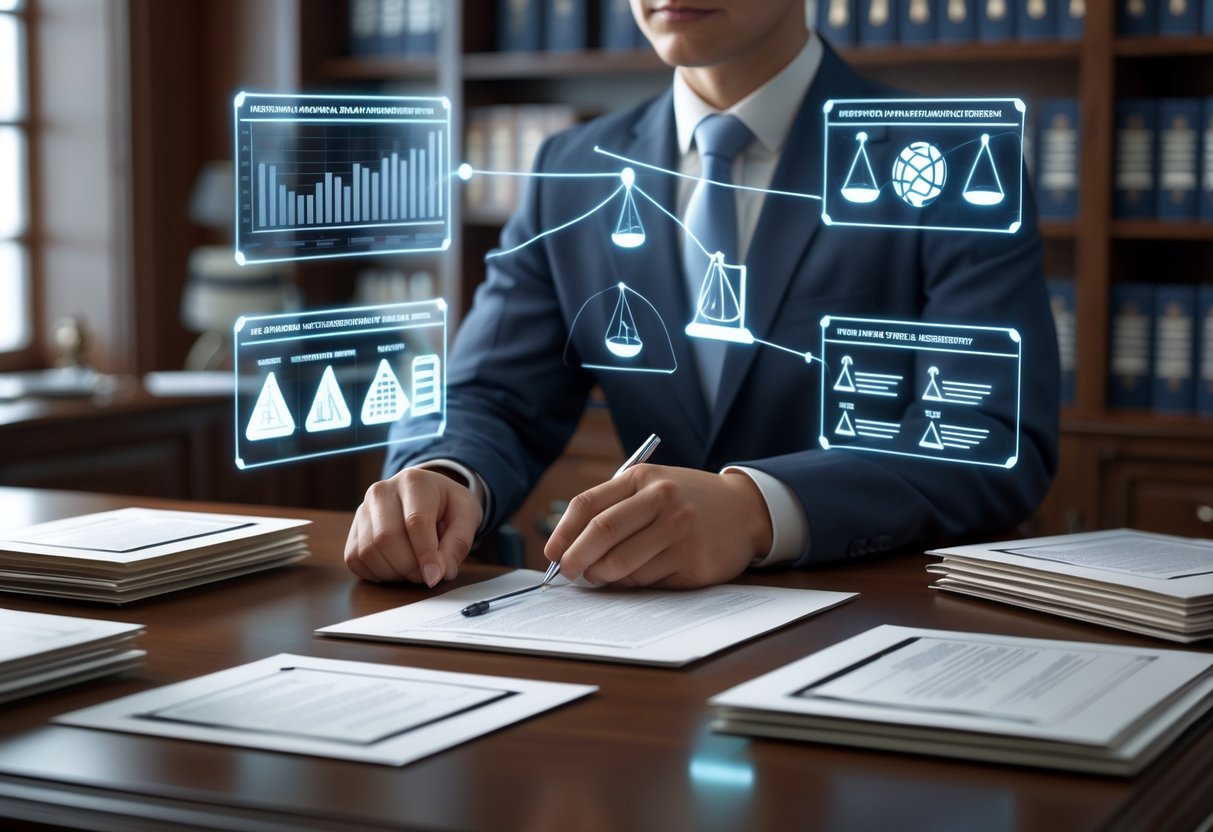 An office desk with documents and hands reviewing papers, surrounded by holographic displays showing justice scales and penalty icons, with bookshelves in the background.