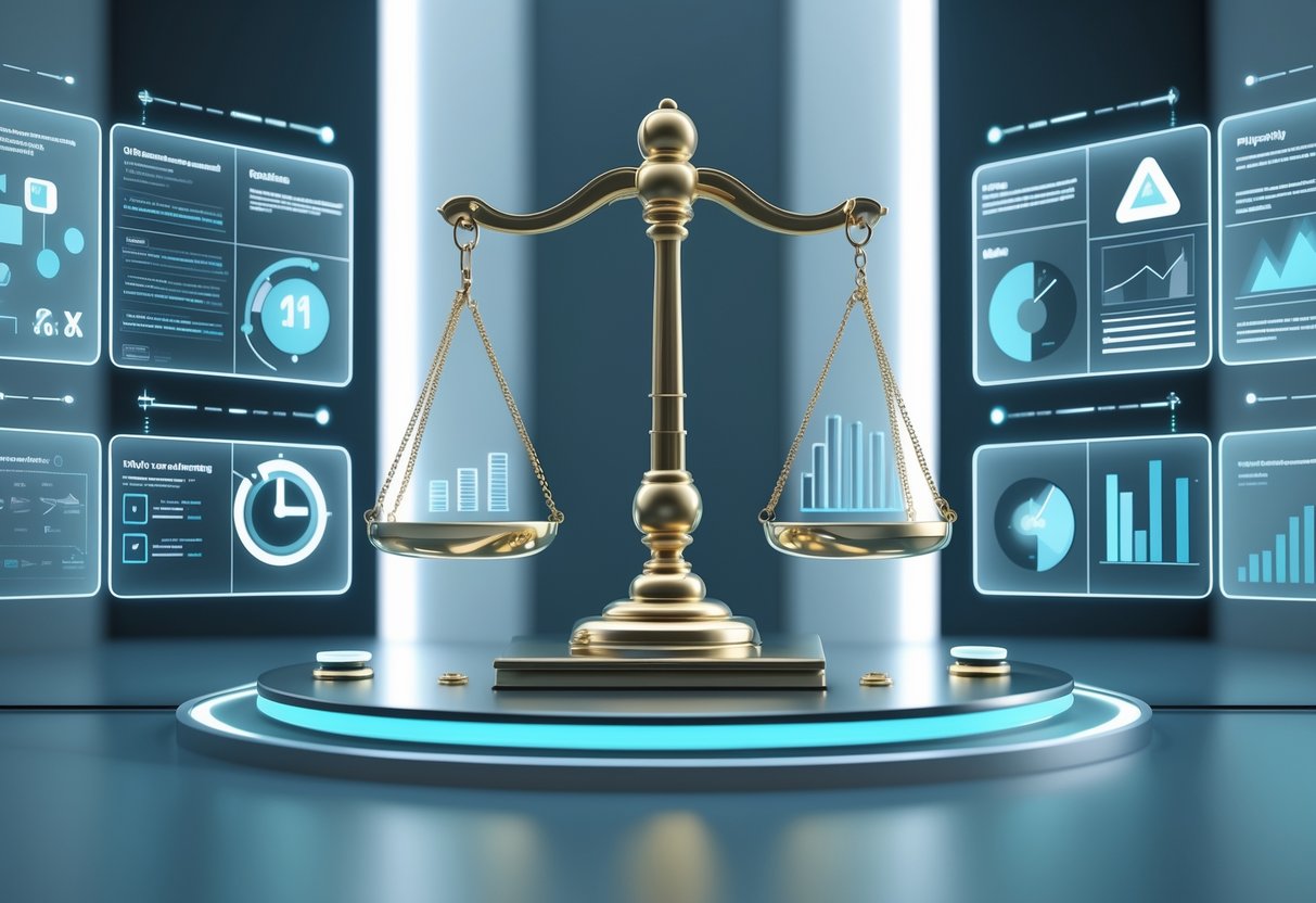 A 3D scene showing a balanced digital scale with legal and analytical symbols on each side, set in a modern courtroom environment.