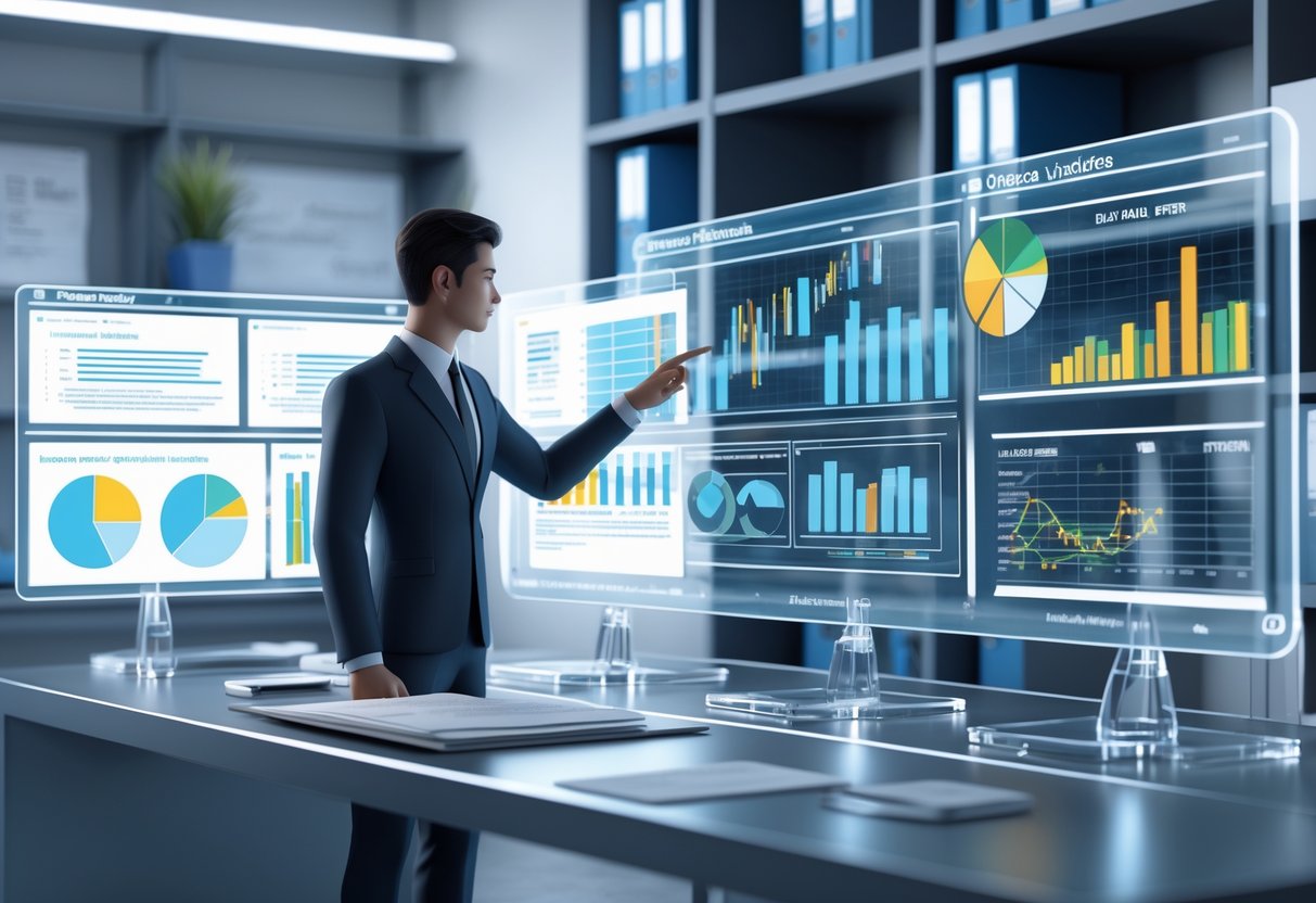 A person in business clothes interacting with floating digital charts and graphs in a modern office filled with legal books and technology.