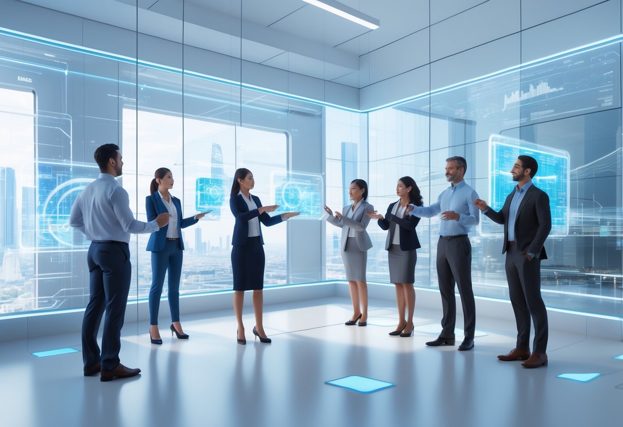 A group of people interacting with transparent floating digital screens in a bright modern workspace with glass walls and a city view.