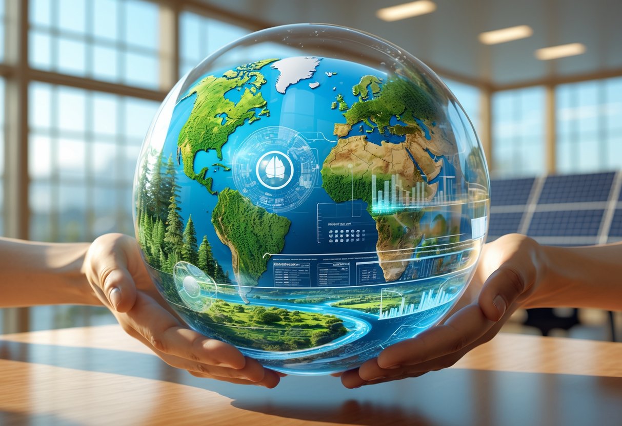 A transparent globe showing forests, rivers, and wildlife, held by hands over a desk in a bright office with solar panels outside.