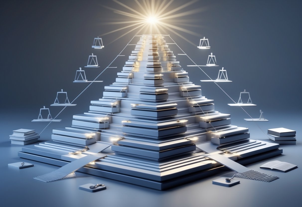 A 3D pyramid structure showing different levels of courts connected by pathways, symbolising the hierarchy of courts and the importance of legal precedent.