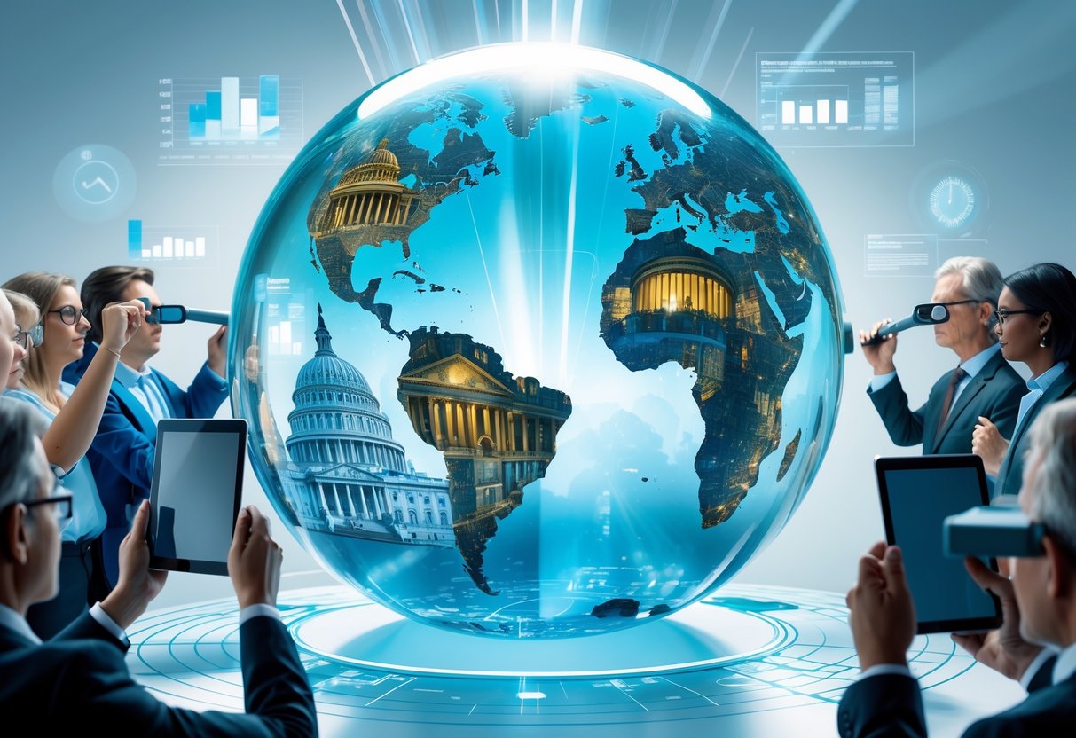 A glass globe showing government buildings inside, surrounded by people examining it with magnifying glasses and tablets, with light beams shining through.