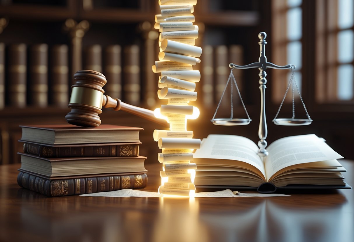 A 3D scene showing a judge’s gavel on law books on one side, an open legal code book with scales of justice on the other, connected by a glowing bridge of documents on a wooden table.