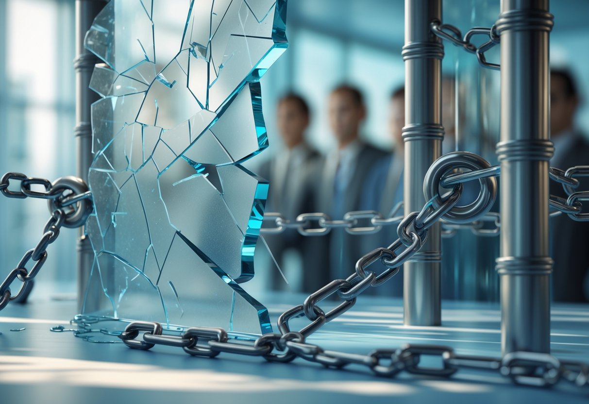 A scene showing a cracked glass wall partially blocked by heavy metal barriers and chains, with blurred figures trying to see through the wall.