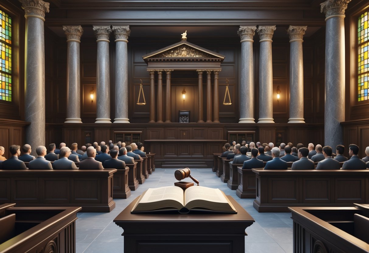 A detailed courtroom with a judge's bench, rows of people, an open law book, marble pillars, and stained glass windows, representing the importance of landmark legal cases.