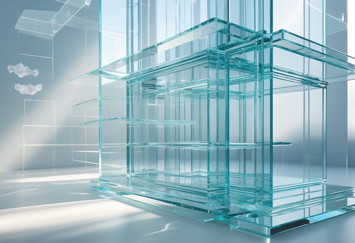 A transparent glass structure with overlapping panels and soft light, symbolising openness and clarity.