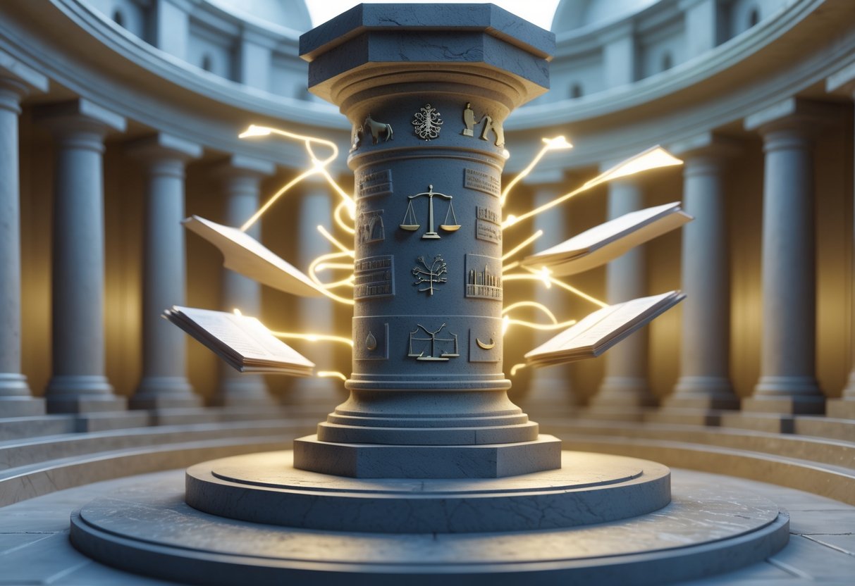 A large stone pillar with legal symbols stands on a platform surrounded by floating glowing books and scrolls connected to modern legal documents, showing the progression of law over time.