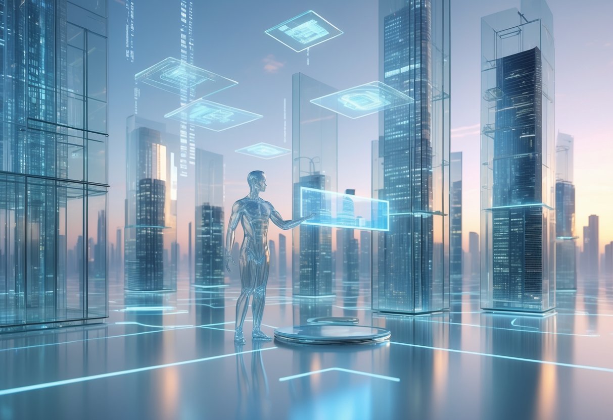 A transparent futuristic city with glass buildings and a transparent human figure interacting with holographic displays under a dawn sky.