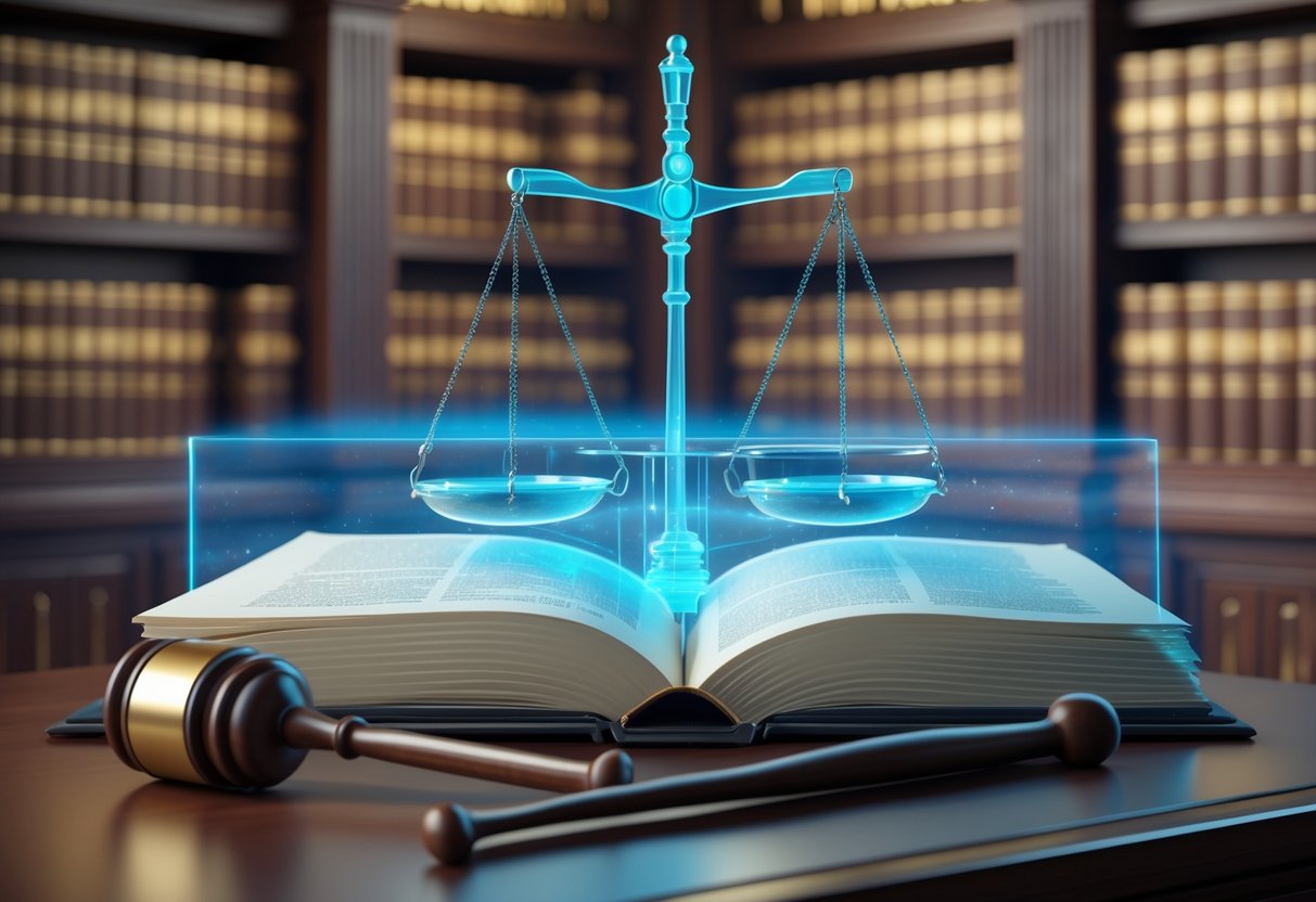 A 3D scene showing an open law book on a judge's bench with floating balanced scales of justice and shelves of law books in the background.