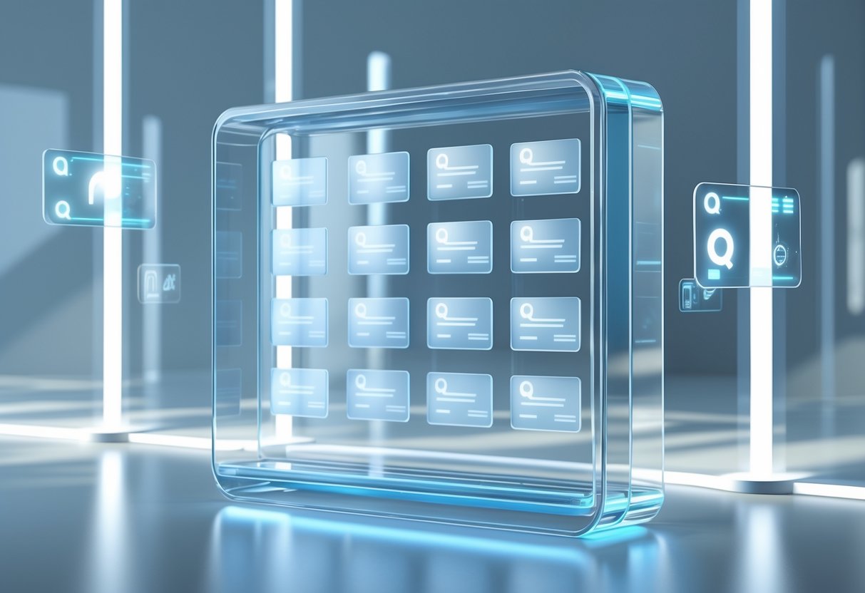 A transparent glass information kiosk with floating illuminated panels and glowing question and answer icons in a clean, futuristic setting.