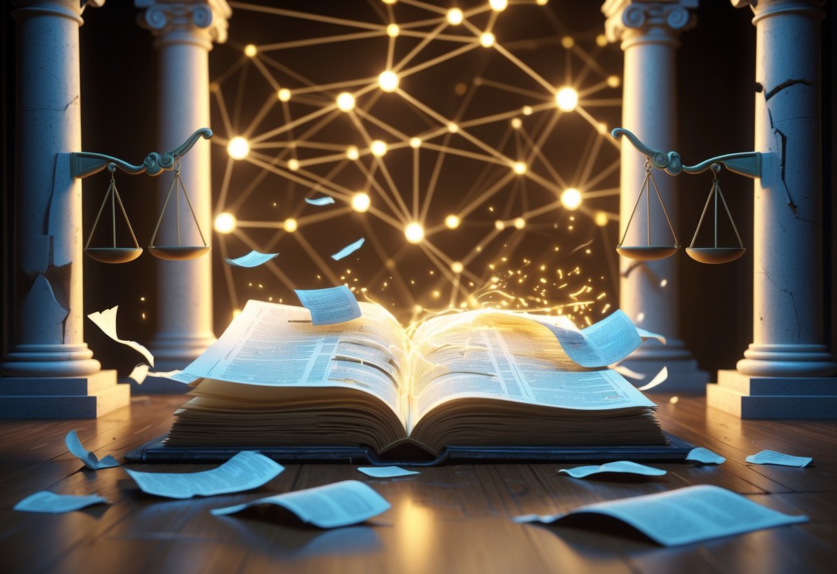 A symbolic 3D scene showing an open ancient law book with torn pages, uneven scales of justice, and cracked stone pillars surrounded by glowing interconnected lines.