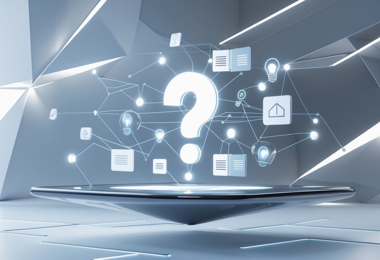 A 3D scene showing a glowing question mark surrounded by connected icons representing documents and ideas, set against a clean background.
