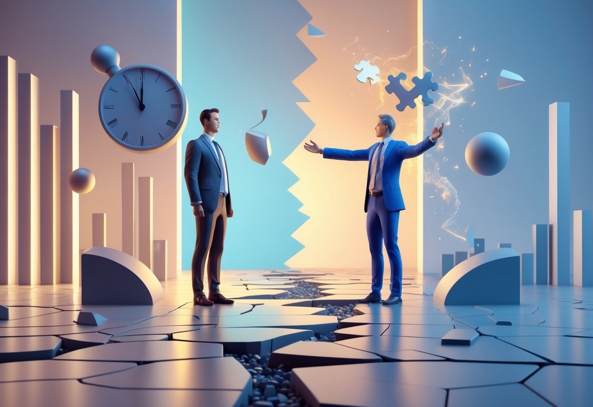 Two human figures stand on opposite sides of a split path, one calm and focused holding a clock, the other energetic reaching towards a glowing spark, with a cracked path between them symbolising challenges in maintaining consistency.