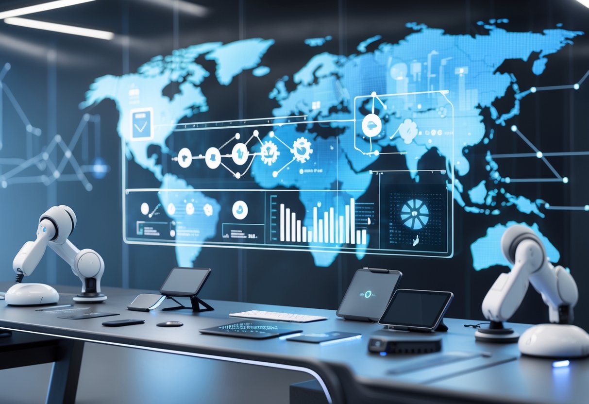 A futuristic workspace with digital holograms of gears and flowcharts, advanced tools like robotic arms and tablets, and a network of connected nodes on a transparent wall, illustrating building consistency and solving challenges.