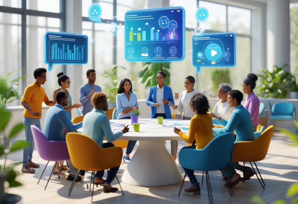 A group of diverse people gathered around a table in a bright community space, sharing ideas and interacting with digital displays.