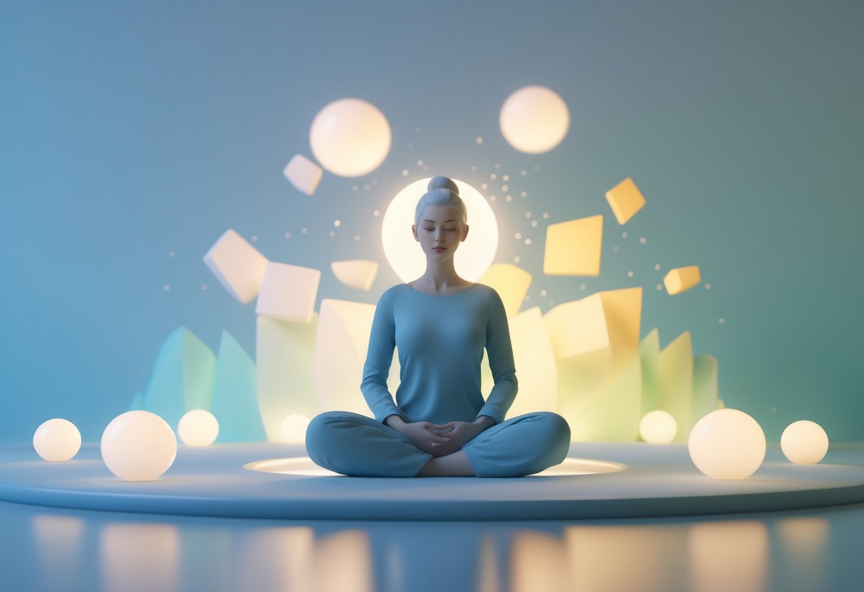 A calm figure sitting cross-legged surrounded by glowing orbs and soft light, with abstract shapes dissolving in the background symbolising overcoming challenges.