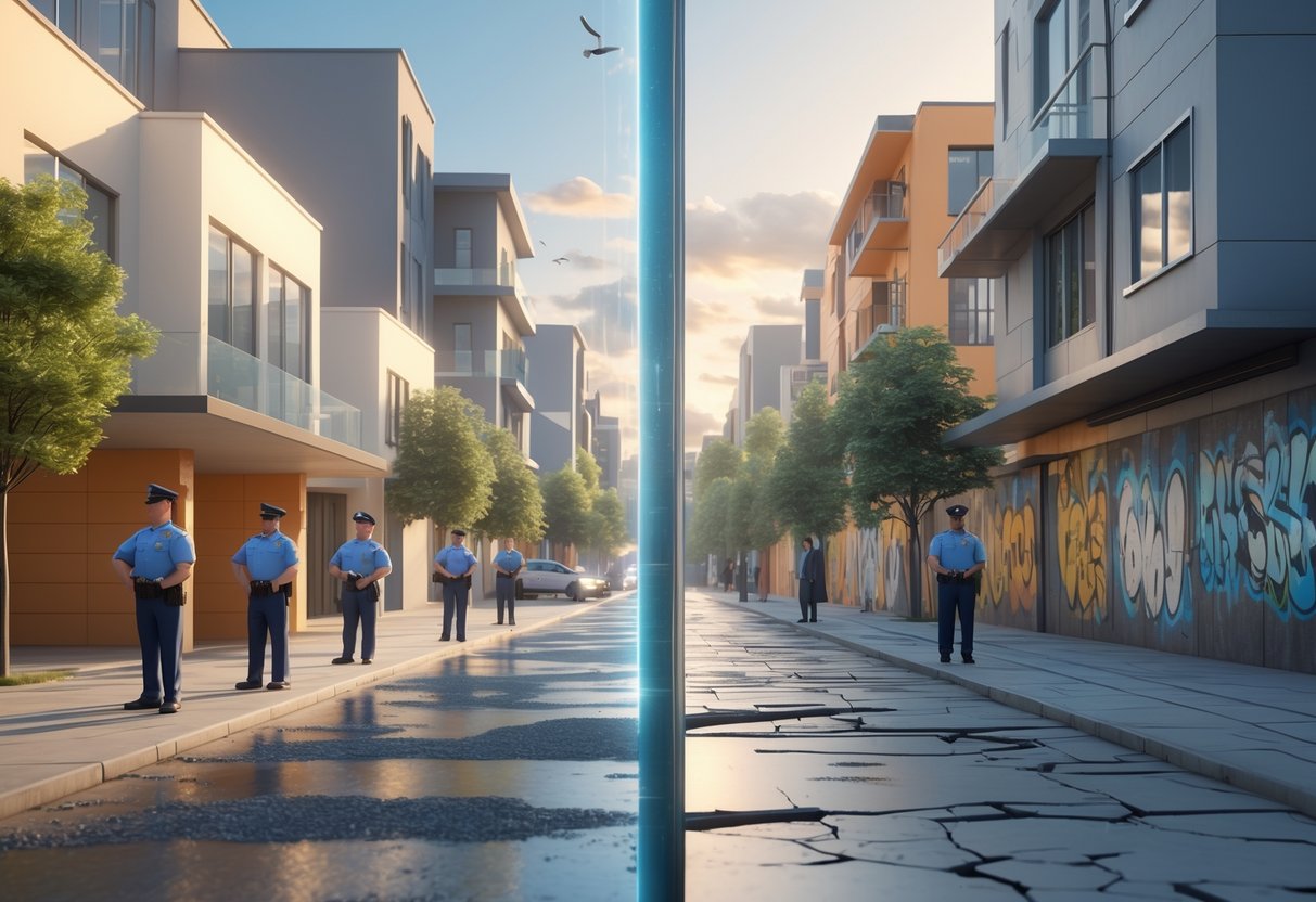 A 3D scene showing two contrasting neighbourhoods divided by a barrier, one affluent with police officers present and the other neglected with fewer officers, highlighting differences in law enforcement.