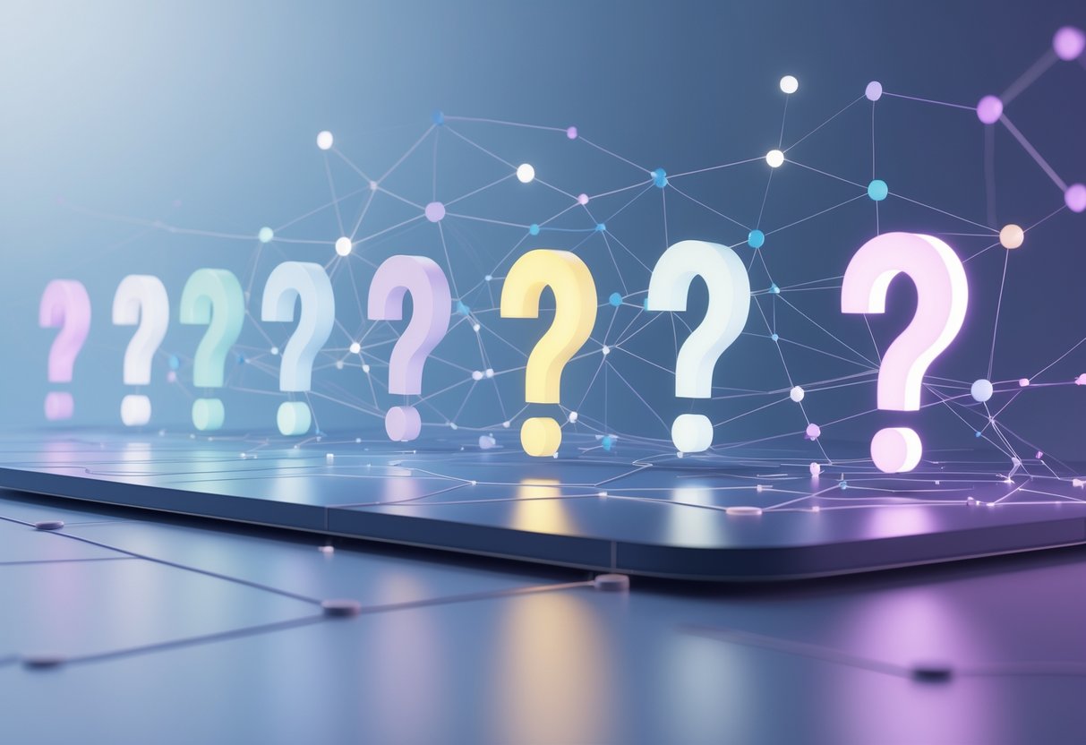 A 3D scene showing floating question marks connected by lines, with some question marks appearing clear and others fragmented, representing challenges in FAQ consistency.