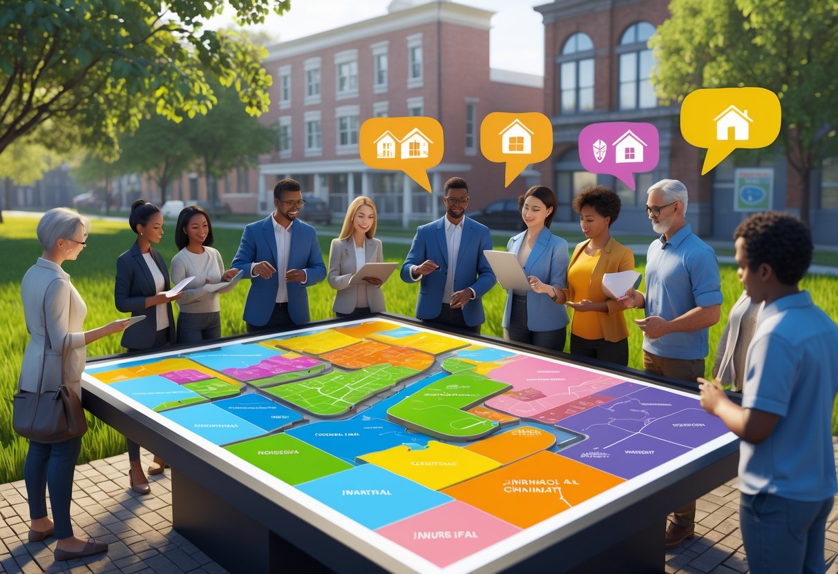 A group of diverse people gathered around a digital table showing a colourful neighbourhood map, discussing land use and zoning in an outdoor urban park setting.
