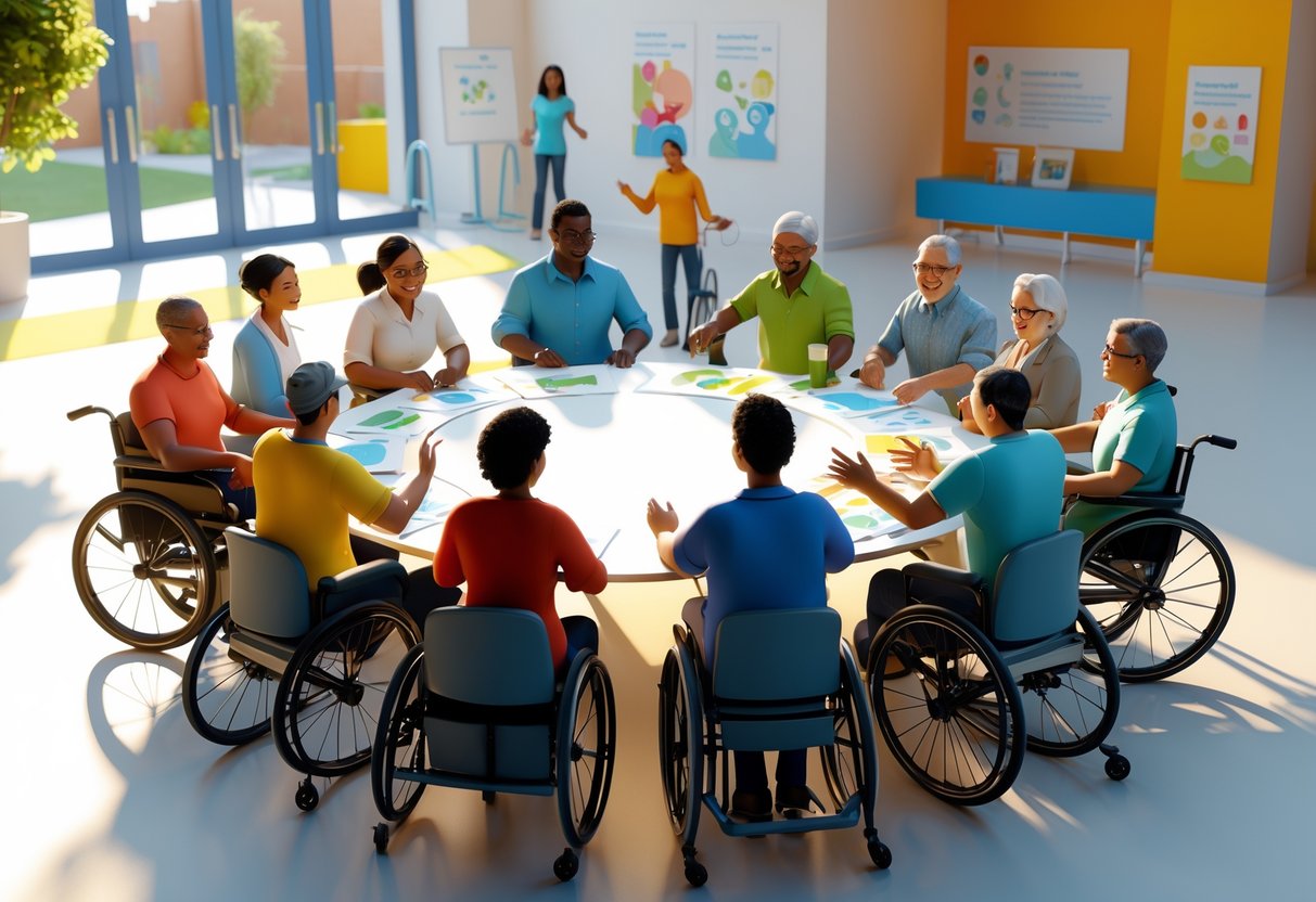 A diverse group of people in a community centre discussing and collaborating around a table, with accessible features like ramps and wide doorways visible.