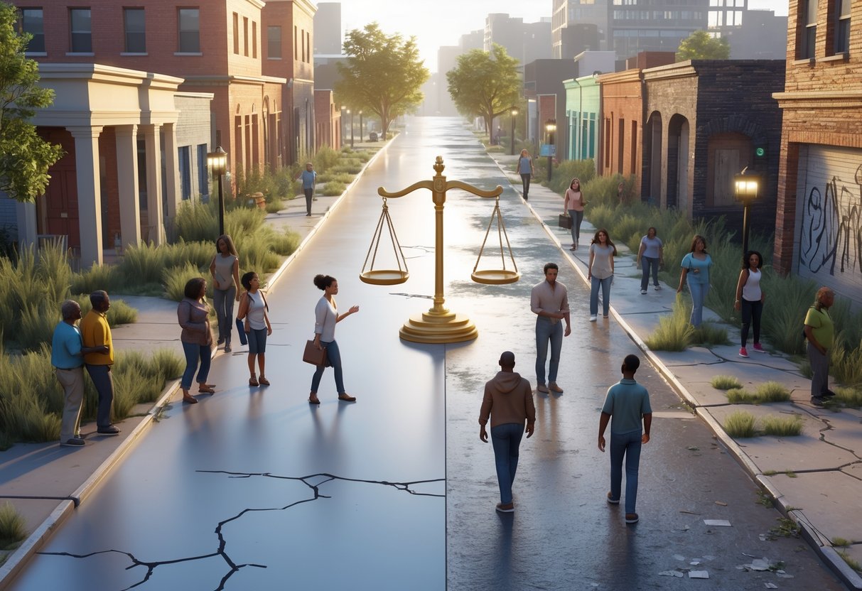 A split urban scene showing a thriving neighbourhood on one side and a neglected area on the other, with diverse people in both areas and an uneven scale of justice symbolising enforcement disparities.