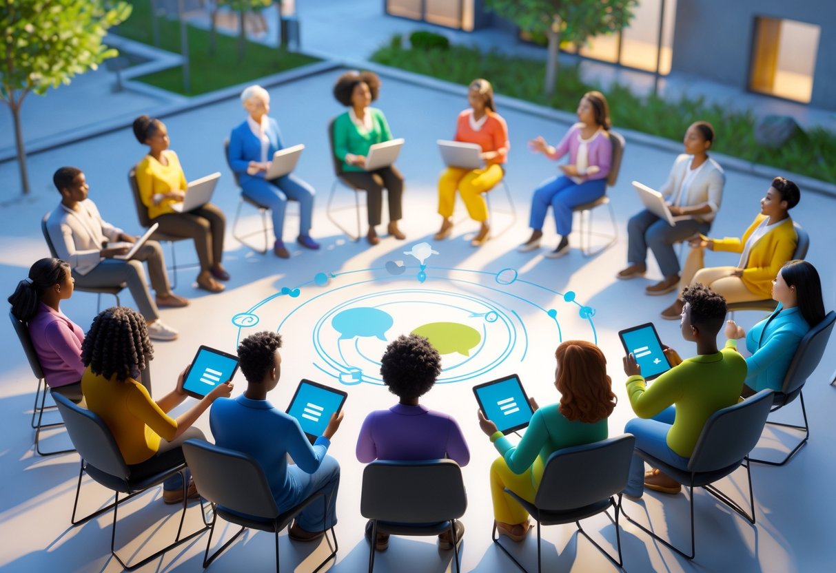 A diverse group of people sitting in a circle outdoors, engaged in a community discussion in a welcoming open space.
