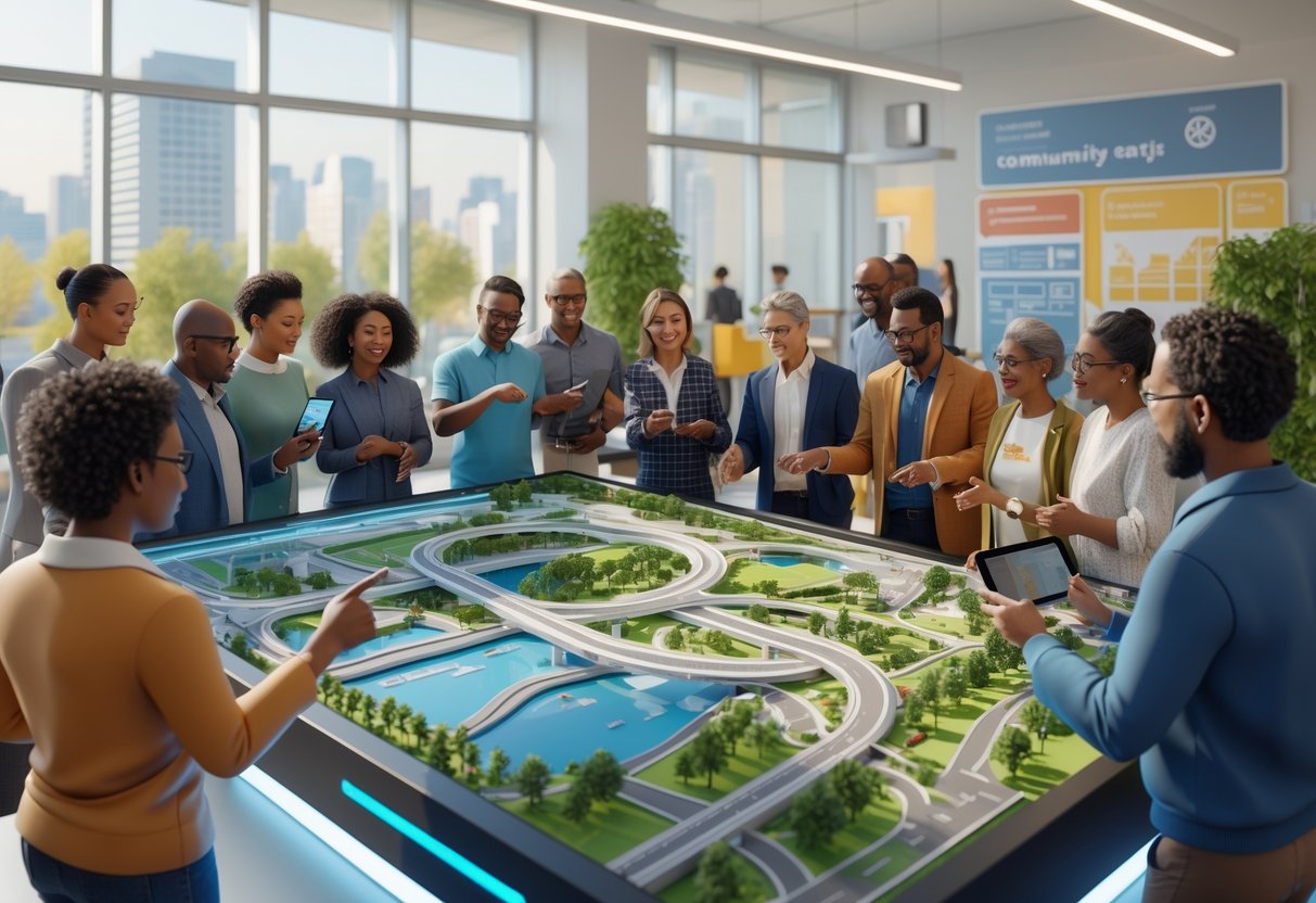 A group of diverse people gathered around a digital table with a 3D city model, discussing public infrastructure in a modern community centre.
