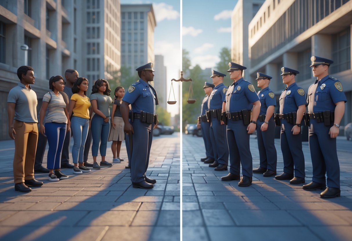 A split urban scene showing two groups of people treated differently by police officers, highlighting unequal enforcement in the criminal justice system.