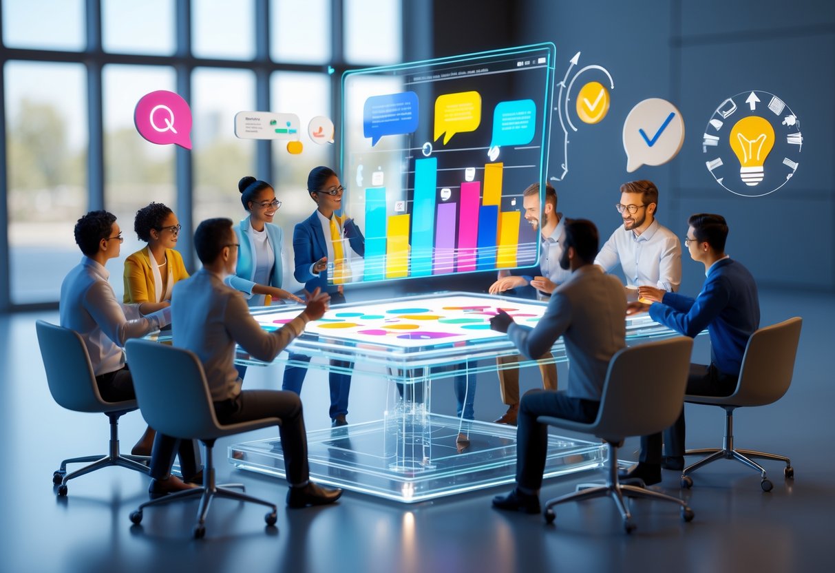 A group of people collaborating around a digital table with floating data charts and icons representing community input in a bright conference room.