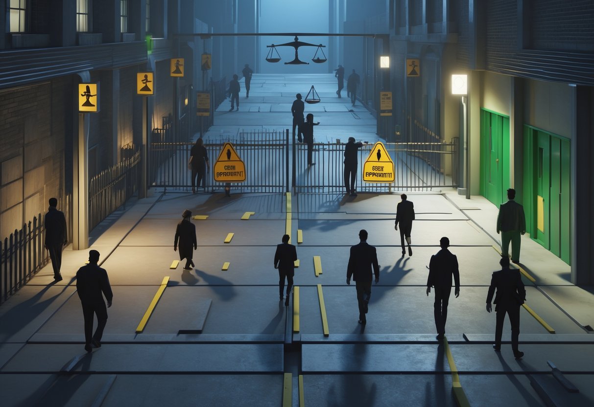 A divided urban scene showing one group facing barriers and enforcement figures while another group moves freely through open pathways, symbolising unequal treatment.