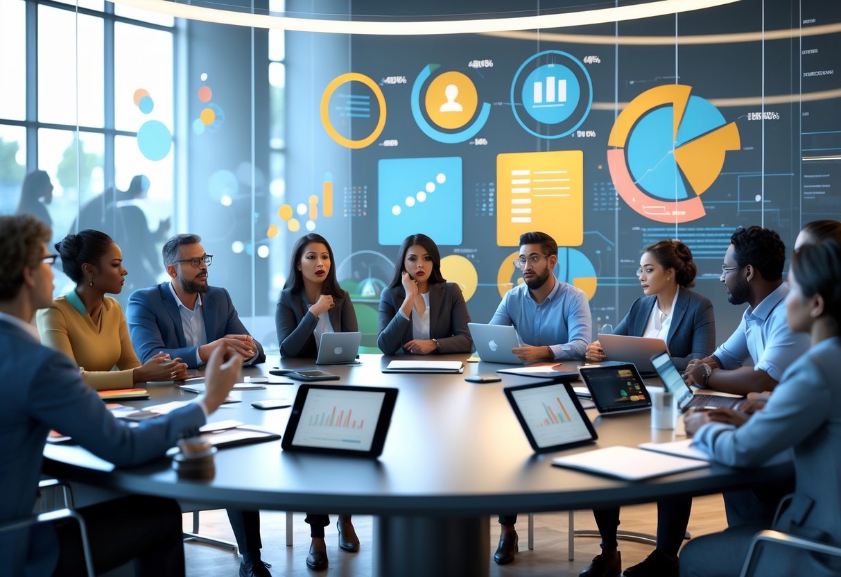 A group of people sitting around a table having a serious discussion with digital devices and charts visible.