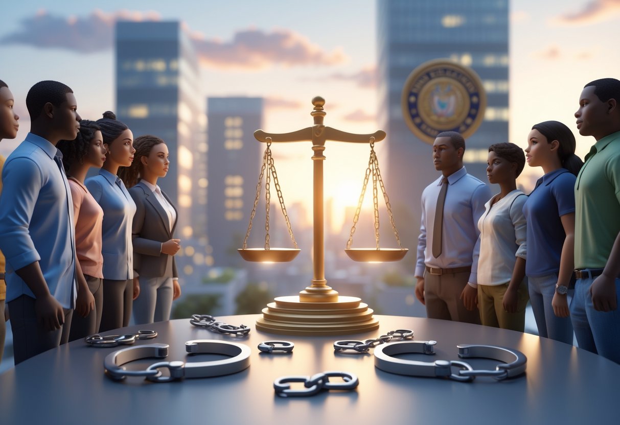 A group of diverse people standing together around a glowing scale of justice in a city, symbolising efforts to address racial inequality in law enforcement.