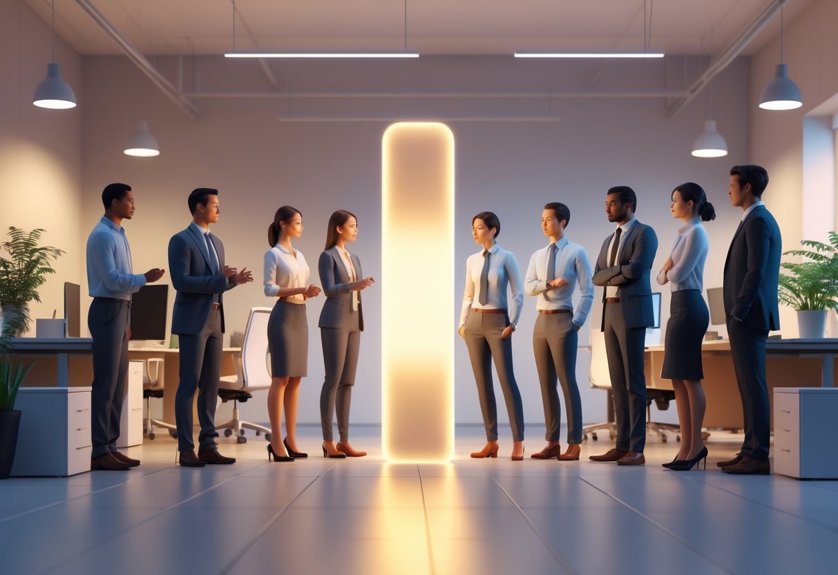 A group of diverse office workers showing one person receiving special treatment on one side and equal collaboration on the other, separated by a glowing barrier symbolising prevention of unfair practices.
