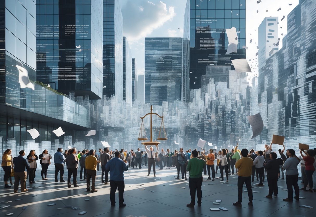 A city scene showing groups of people protesting and discussing near modern government buildings separated by a semi-transparent digital barrier symbolising enforcement challenges.