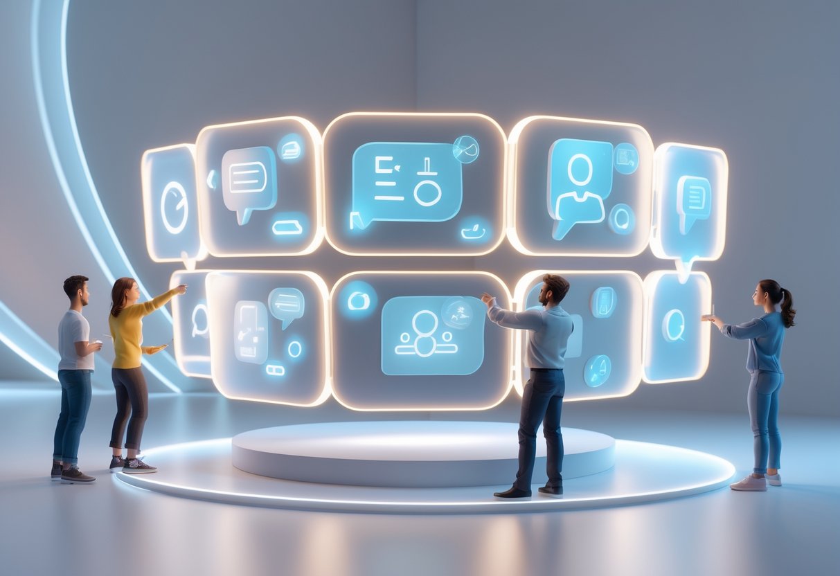 A digital community space with people interacting around floating translucent panels showing abstract icons representing questions and answers.